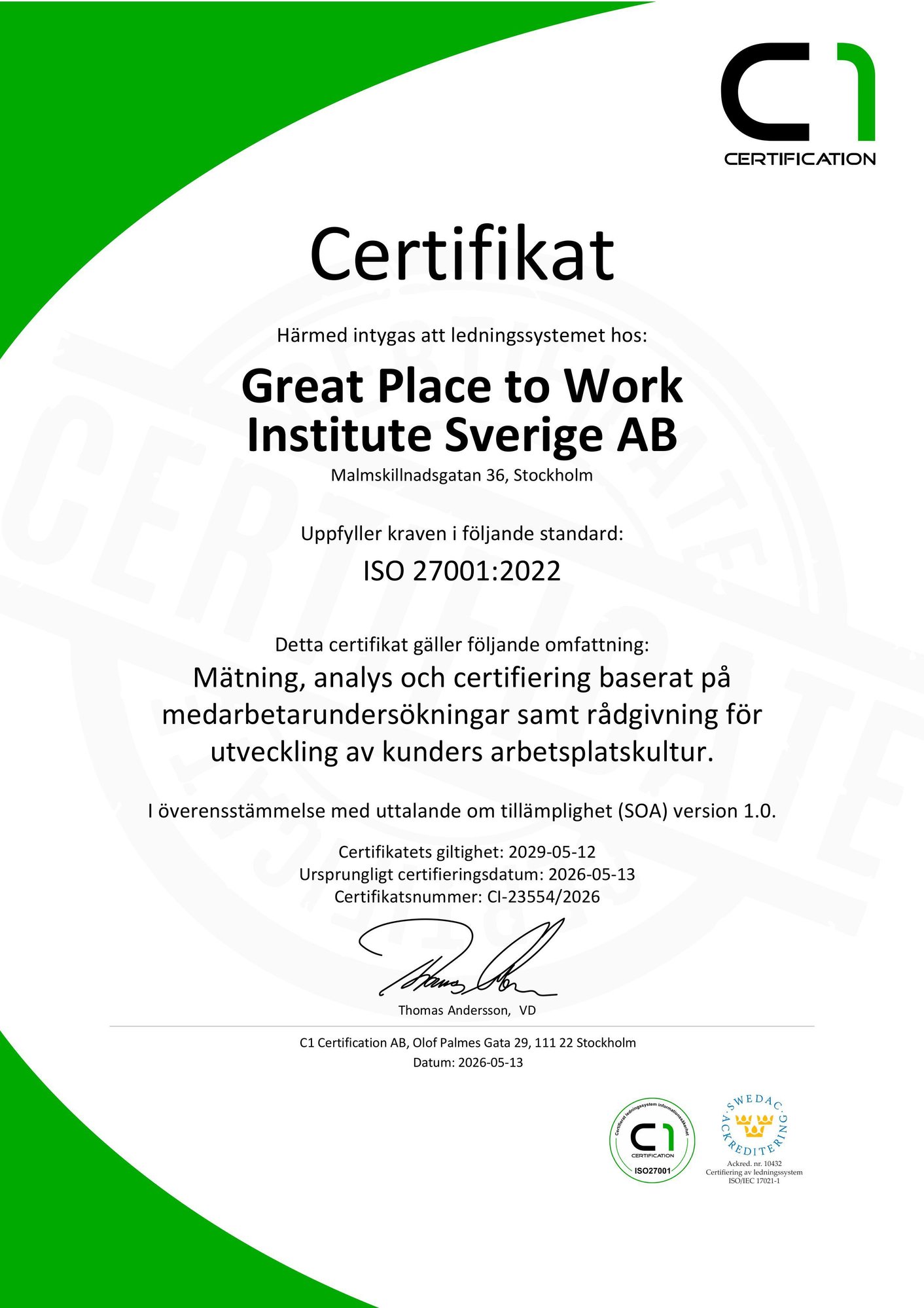 Certifikat Great Place To Work CI-23554-20260513